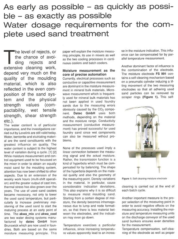 Water dosage requirements for the complete used sand treatment